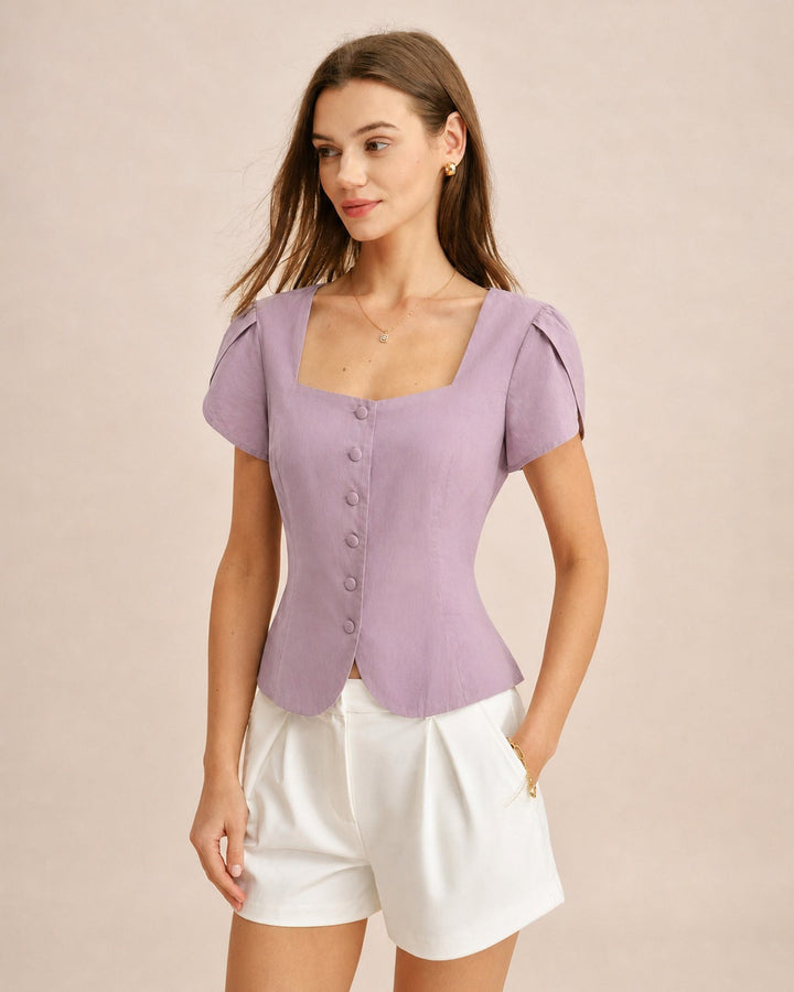 Blusa de Manga de Pétalo con Escote Cuadrado en Color Púrpura