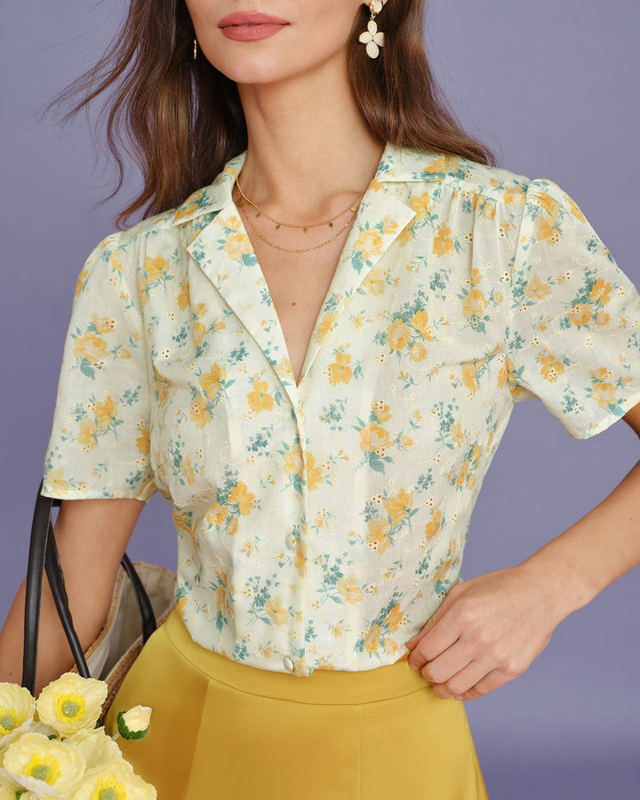 Blusa Floral de Manga Abullonada Color Amarillo