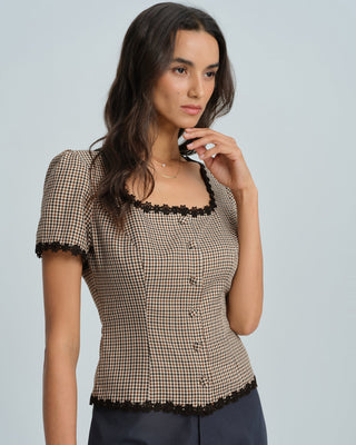 Blusa de Cuello Cuadrado a Cuadros Café