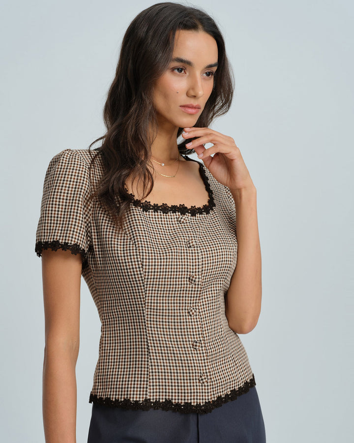 Blusa de Cuello Cuadrado a Cuadros Café