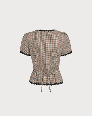 Blusa de Cuello Cuadrado a Cuadros Café