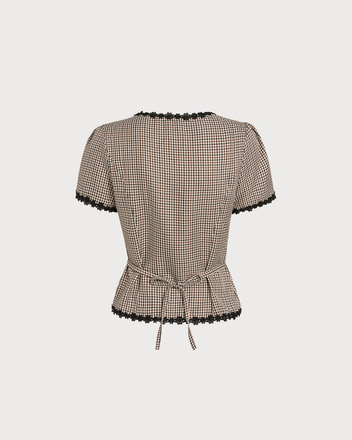 Blusa de Cuello Cuadrado a Cuadros Café