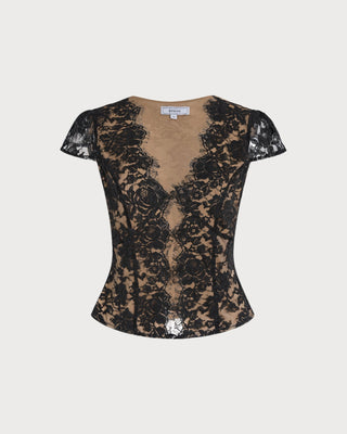 Blusa de Encaje con Botones y Cuello en V Negra