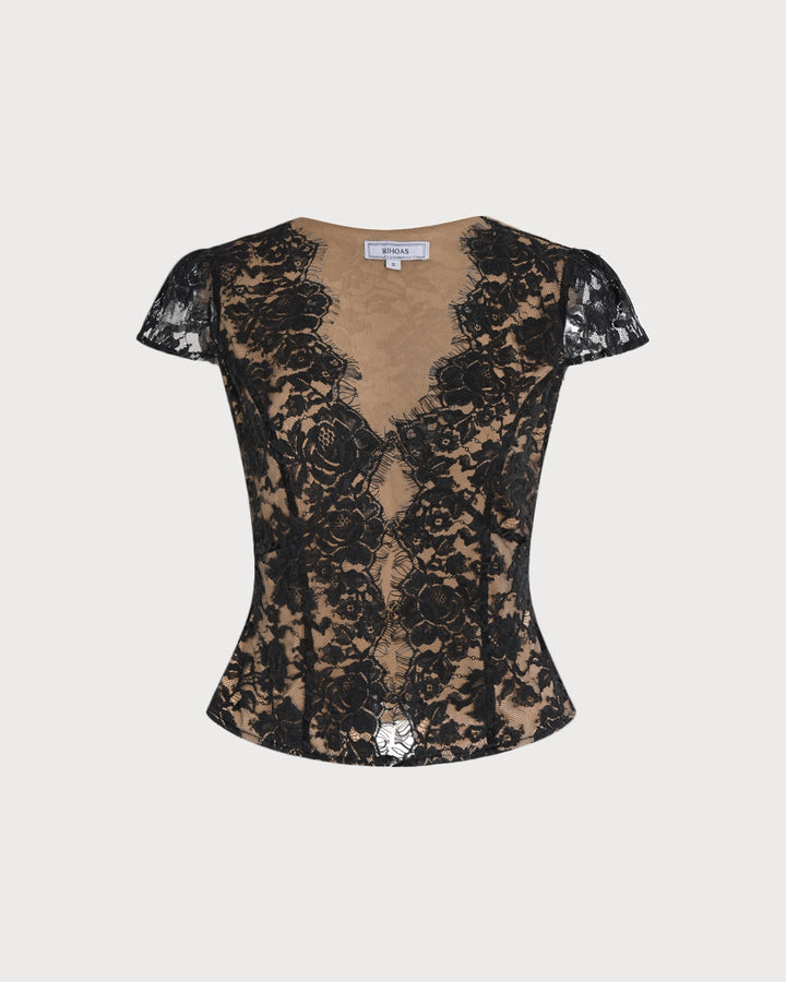 Blusa de Encaje con Botones y Cuello en V Negra