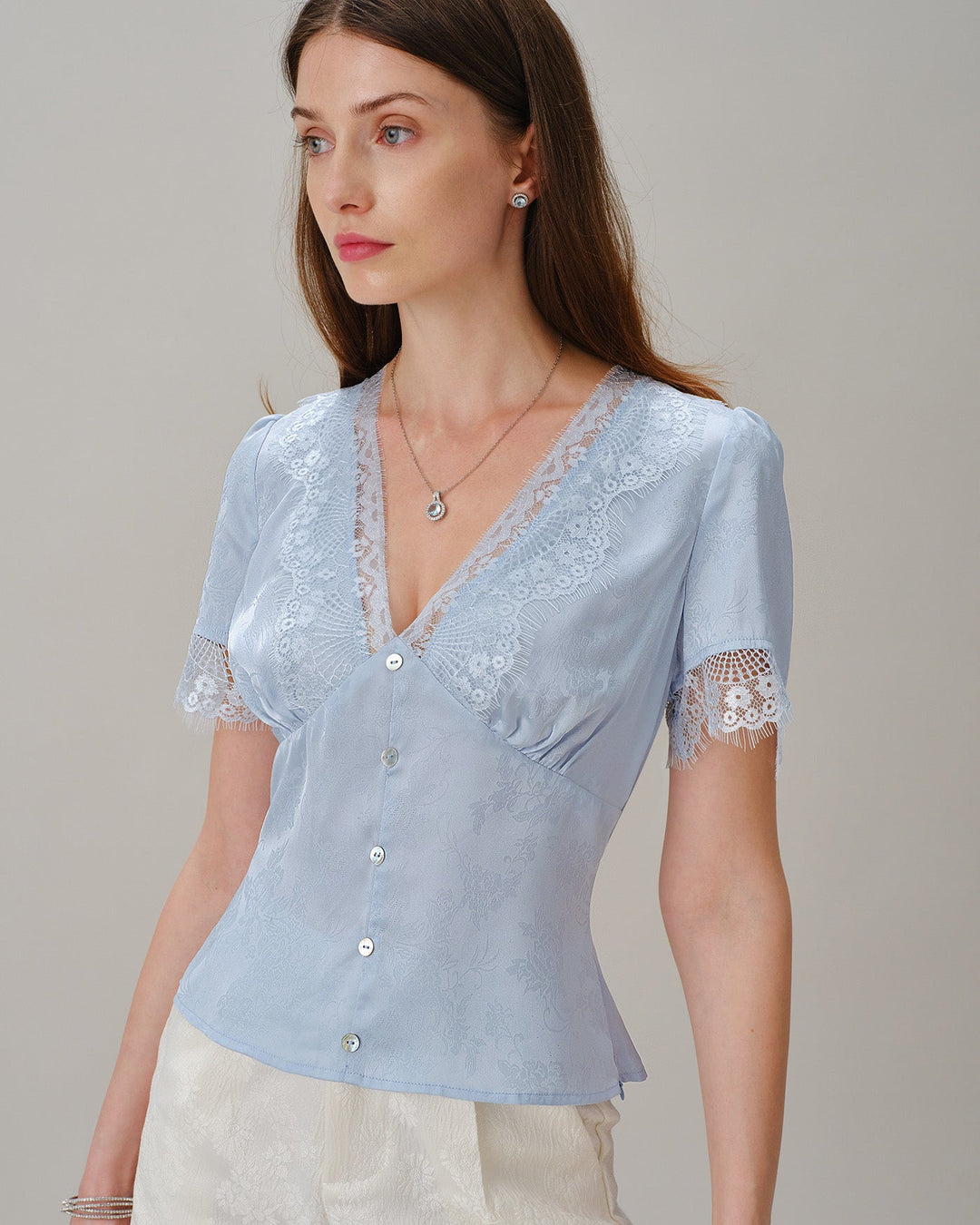 Blusa Jacquard de Encaje con Cuello en V Azul