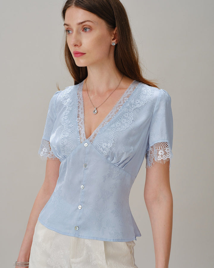 Blusa Jacquard de Encaje con Cuello en V Azul