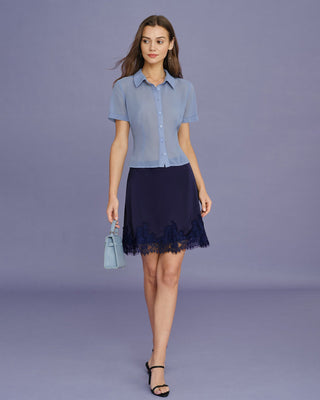 Blusa de Chifón con Botón de Cuello Azul