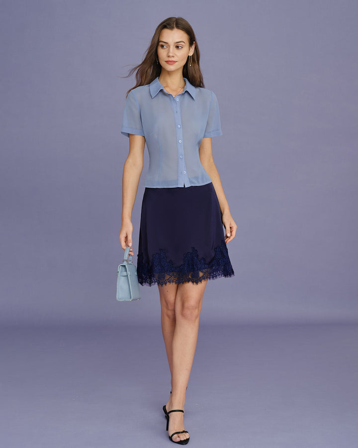 Blusa de Chifón con Botón de Cuello Azul