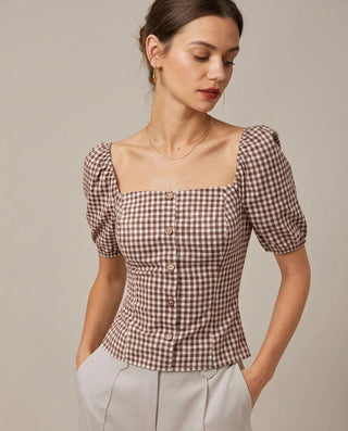 Blusa de Cuello Cuadrado Marrón con Mangas Abullonadas a Cuadros