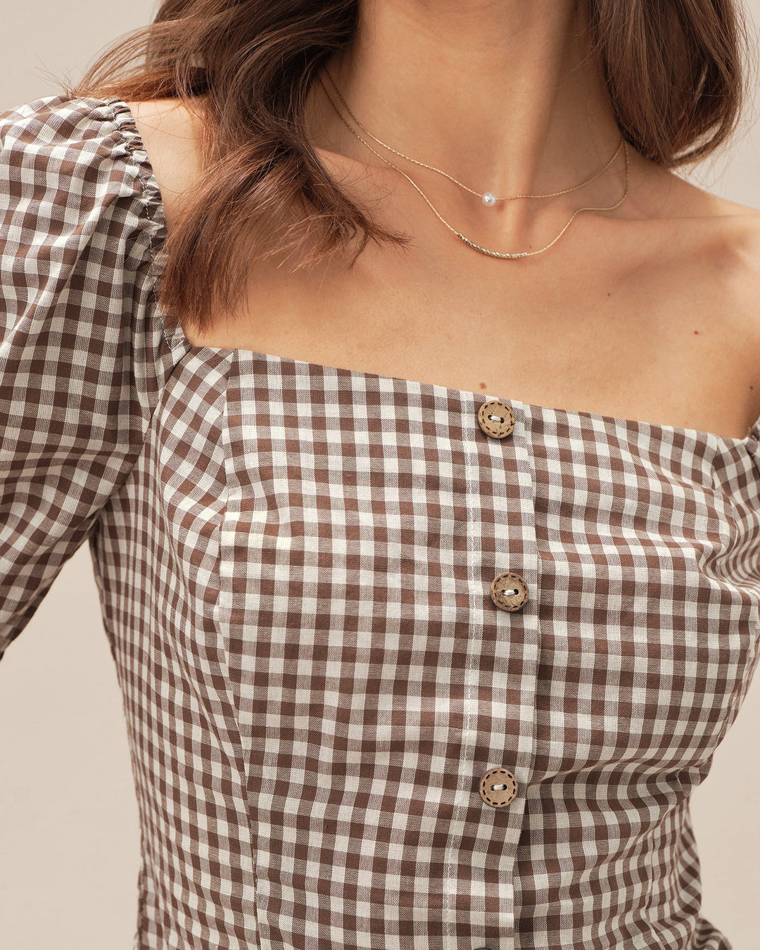 Blusa de Cuello Cuadrado Marrón con Mangas Abullonadas a Cuadros