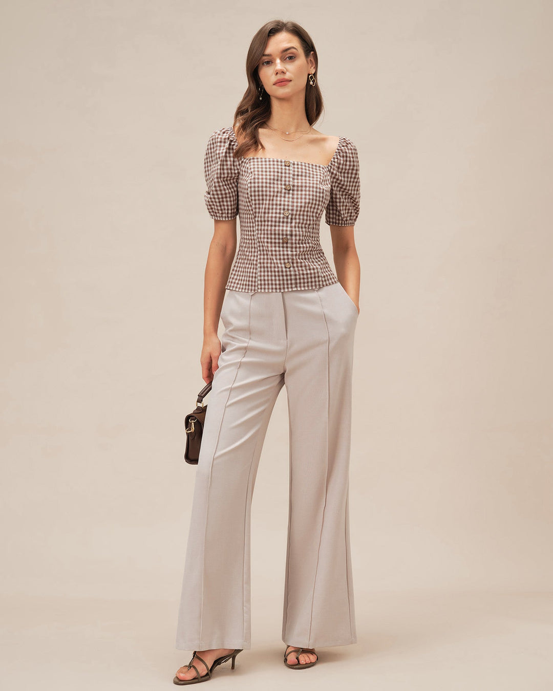 Blusa de Cuello Cuadrado Marrón con Mangas Abullonadas a Cuadros