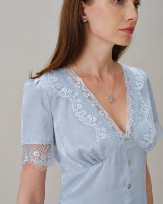 Blusa Jacquard de Encaje con Cuello en V Azul