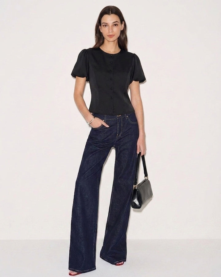 Blusa de Satén con Mangas Abullonadas Negras