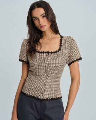 Blusa de Cuello Cuadrado a Cuadros Café