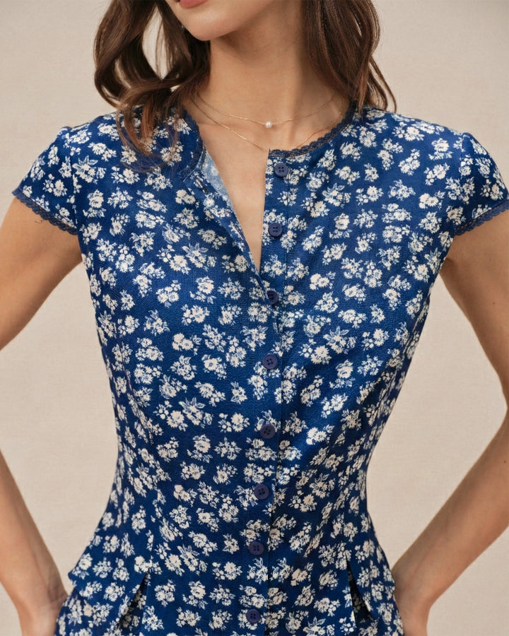Blusa de Botones con Mangas Cortas y Flores Azules