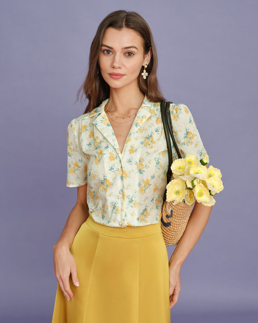 Blusa Floral de Manga Abullonada Color Amarillo