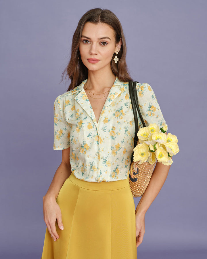 Blusa Floral de Manga Abullonada Color Amarillo