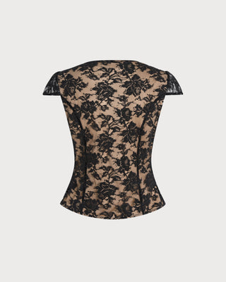 Blusa de Encaje con Botones y Cuello en V Negra