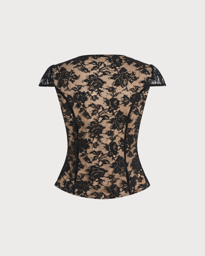 Blusa de Encaje con Botones y Cuello en V Negra