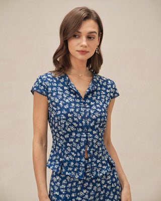 Blusa de Botones con Mangas Cortas y Flores Azules