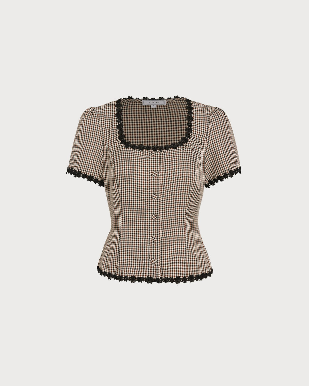 Blusa de Cuello Cuadrado a Cuadros Café