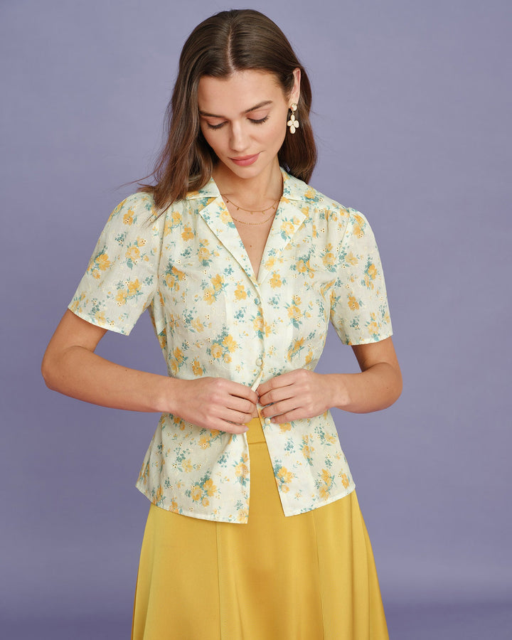 Blusa Floral de Manga Abullonada Color Amarillo