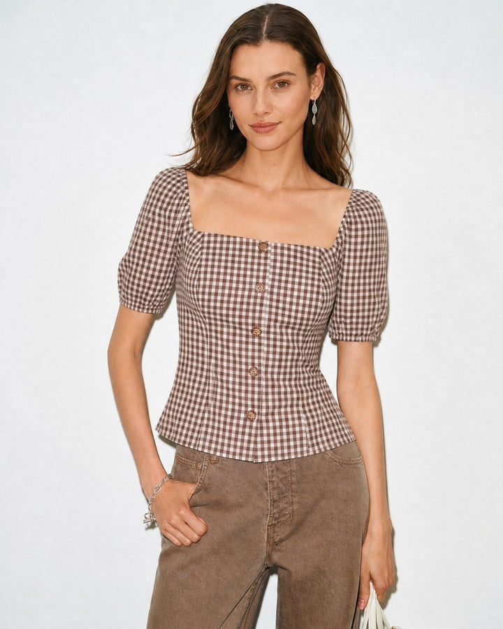 Blusa de Cuello Cuadrado Marrón con Mangas Abullonadas a Cuadros