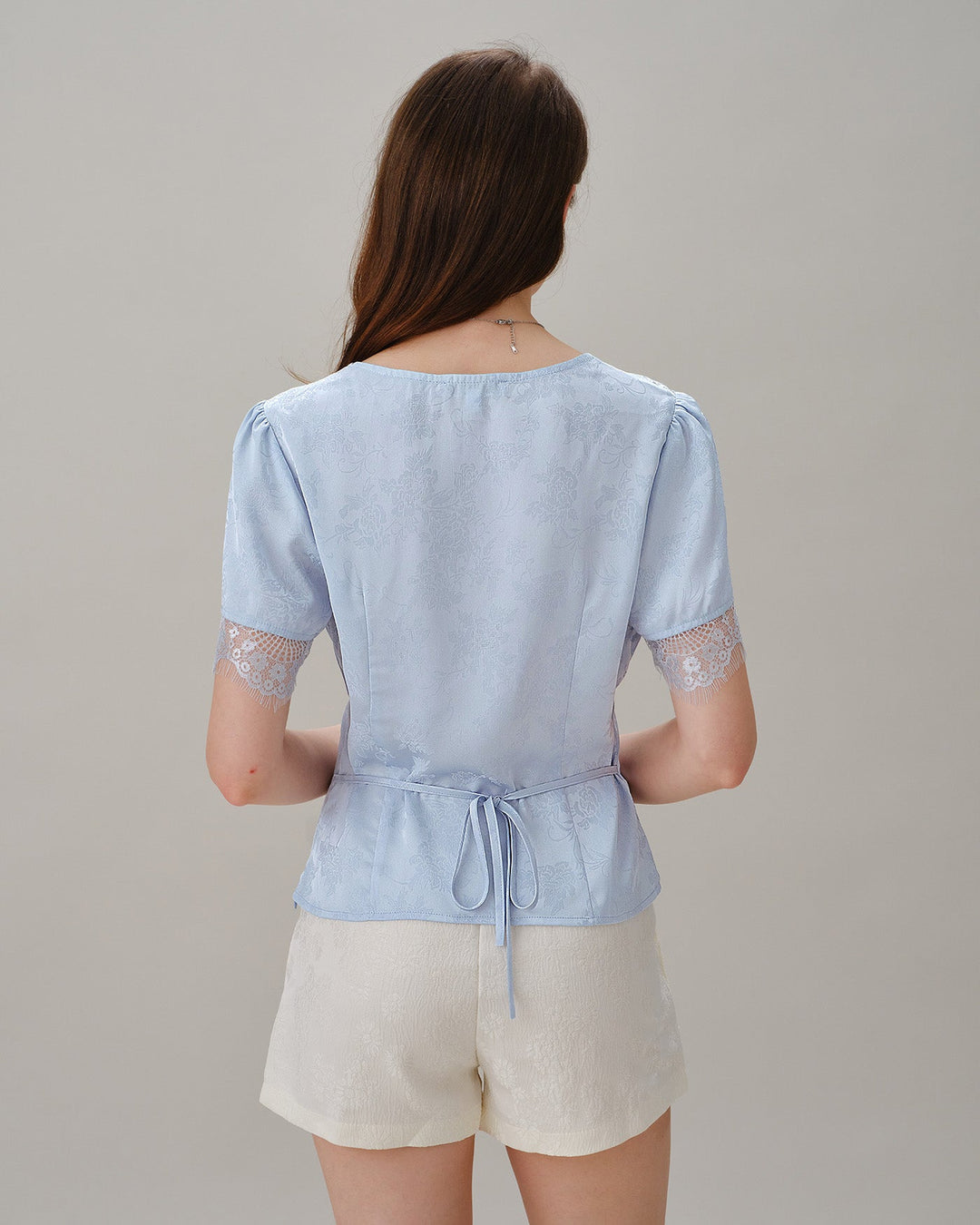 Blusa Jacquard de Encaje con Cuello en V Azul