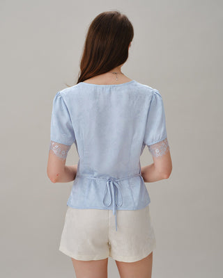 Blusa Jacquard de Encaje con Cuello en V Azul