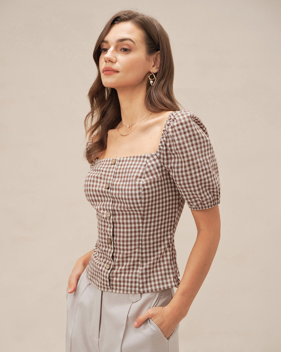 Blusa de Cuello Cuadrado Marrón con Mangas Abullonadas a Cuadros