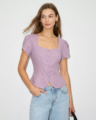 Blusa de Manga de Pétalo con Escote Cuadrado en Color Púrpura