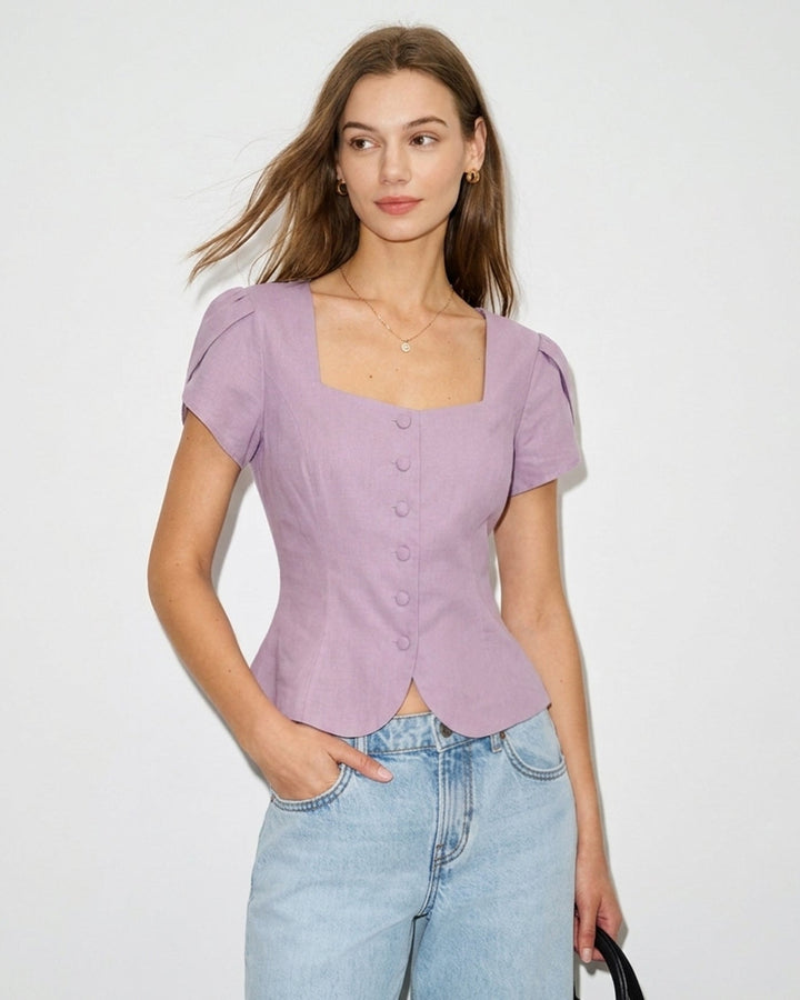Blusa de Manga de Pétalo con Escote Cuadrado en Color Púrpura