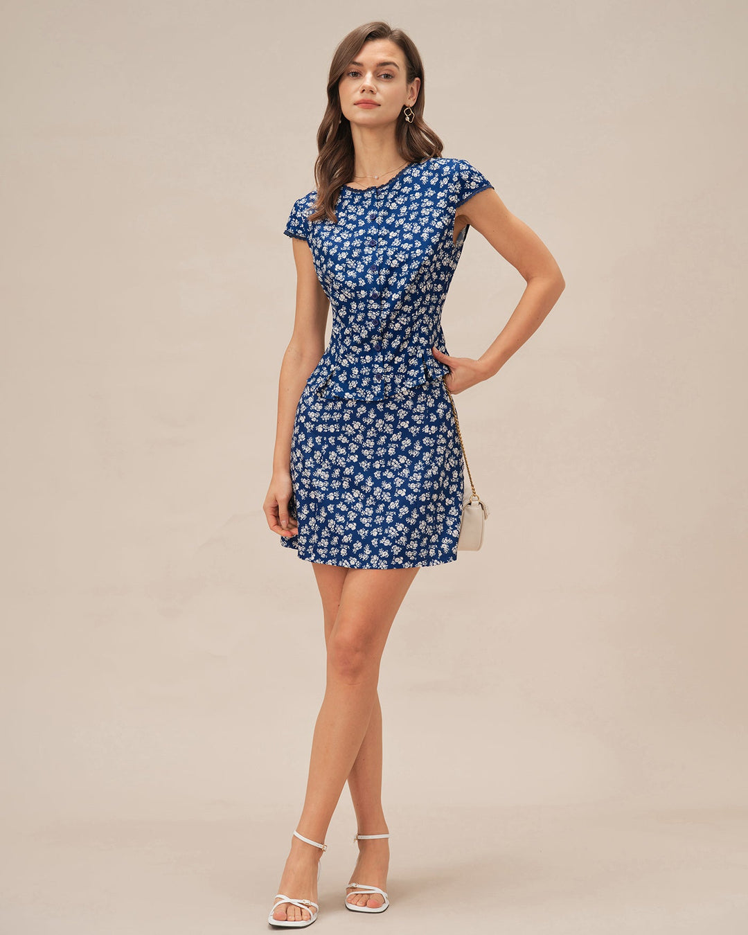 Blusa de Botones con Mangas Cortas y Flores Azules