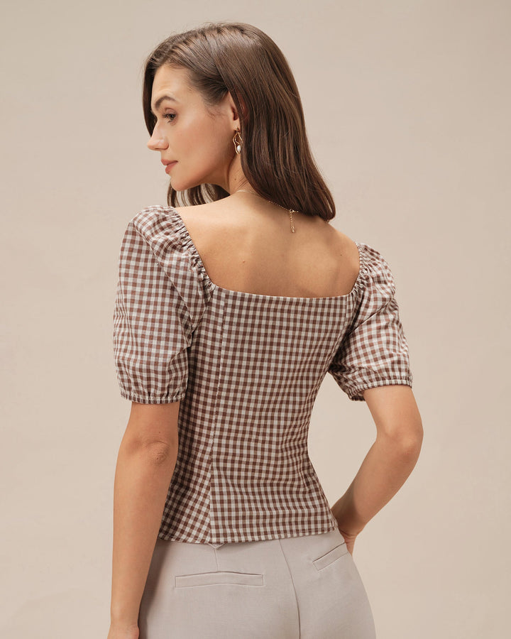 Blusa de Cuello Cuadrado Marrón con Mangas Abullonadas a Cuadros