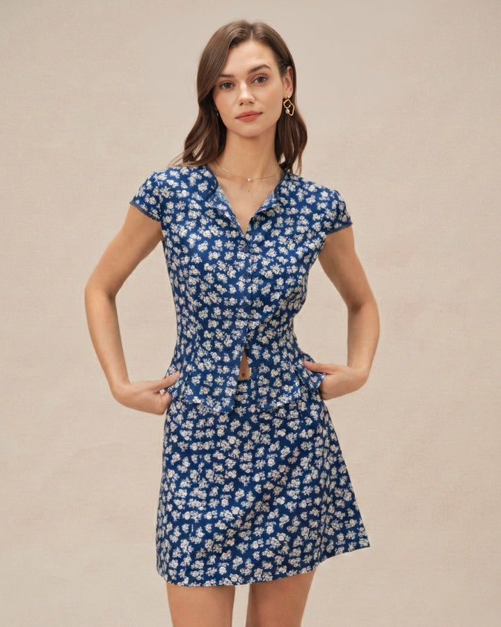 Blusa de Botones con Mangas Cortas y Flores Azules
