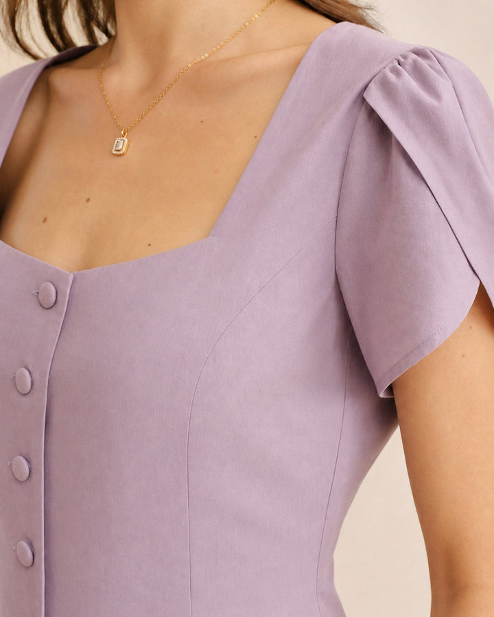 Blusa de Manga de Pétalo con Escote Cuadrado en Color Púrpura