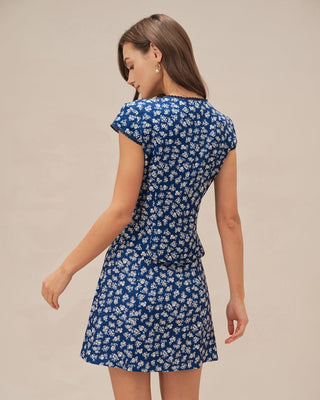 Blusa de Botones con Mangas Cortas y Flores Azules