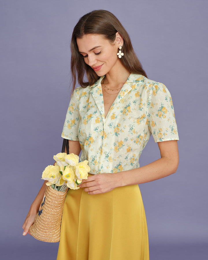 Blusa Floral de Manga Abullonada Color Amarillo