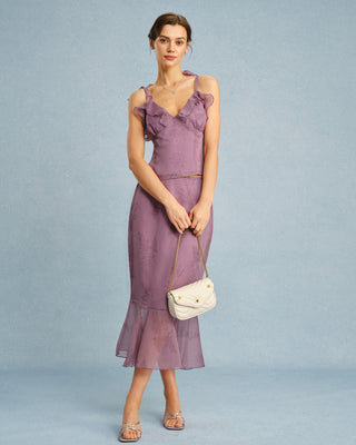 Camiseta de Tirantes con Volantes Florales en Violeta
