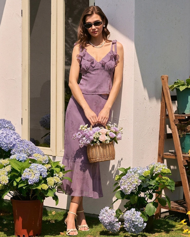 Camiseta de Tirantes con Volantes Florales en Violeta