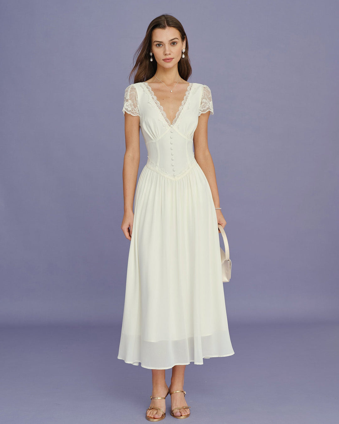 Vestido Maxi de Encaje con Escote en V de Albaricoque