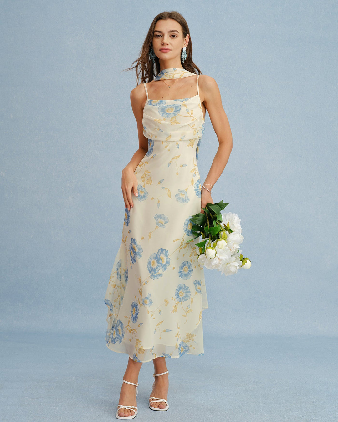 Vestido Maxi de Chifón Floral Beige
