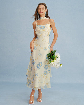 Vestido Maxi de Chifón Floral Beige