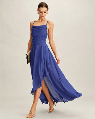 Vestido Maxi Chiffon Sin Mangas con Escote Cuadrado Azul