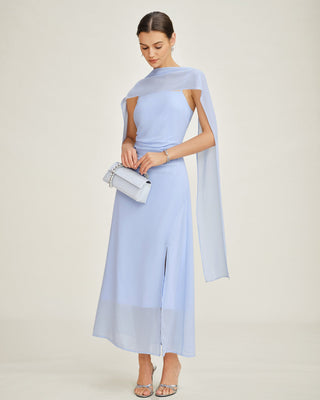Vestido Maxi de Chiffon con Cuello de Cowl y Tirantes Azules