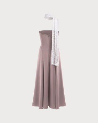 Vestido Maxi de Encaje Rosa con Un Hombro