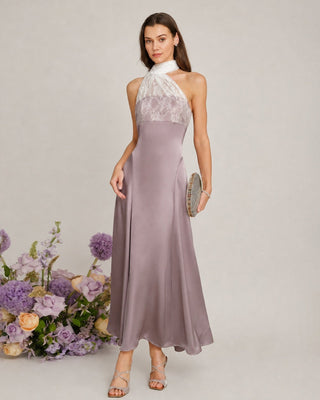 Vestido Maxi de Encaje Rosa con Un Hombro