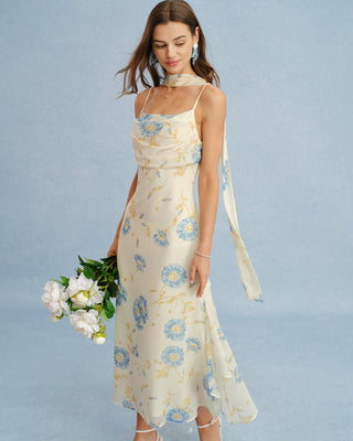 Vestido Maxi de Chifón Floral Beige