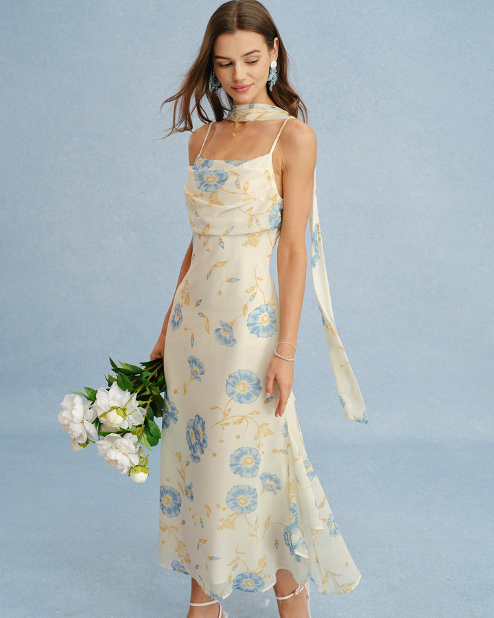 Vestido Maxi de Chifón Floral Beige