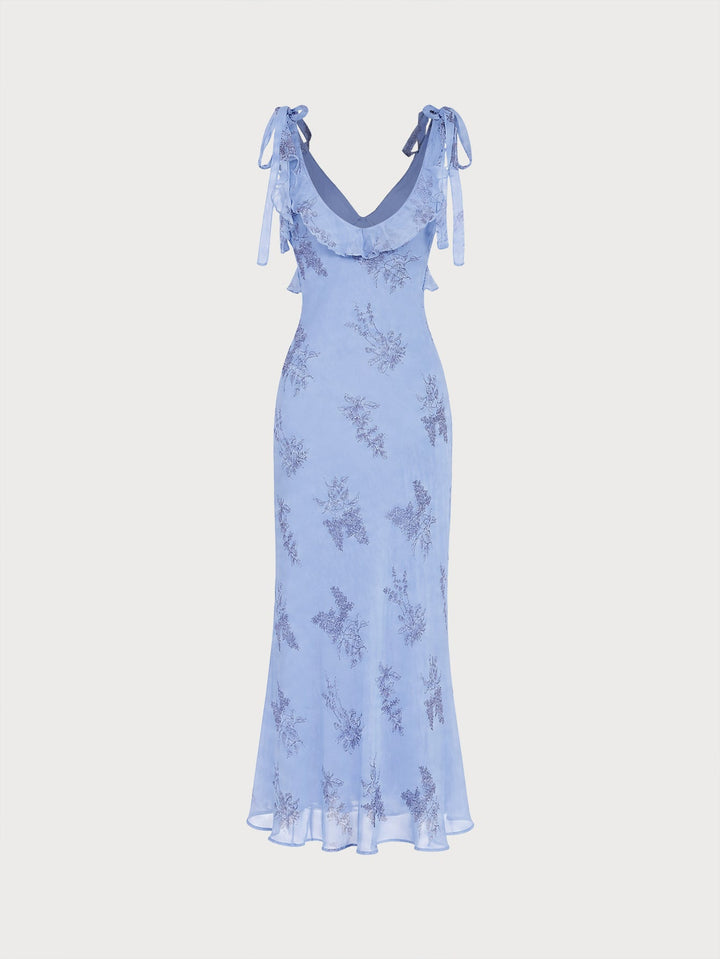 Vestido Maxi con Volantes y Tirantes de Flores Azules